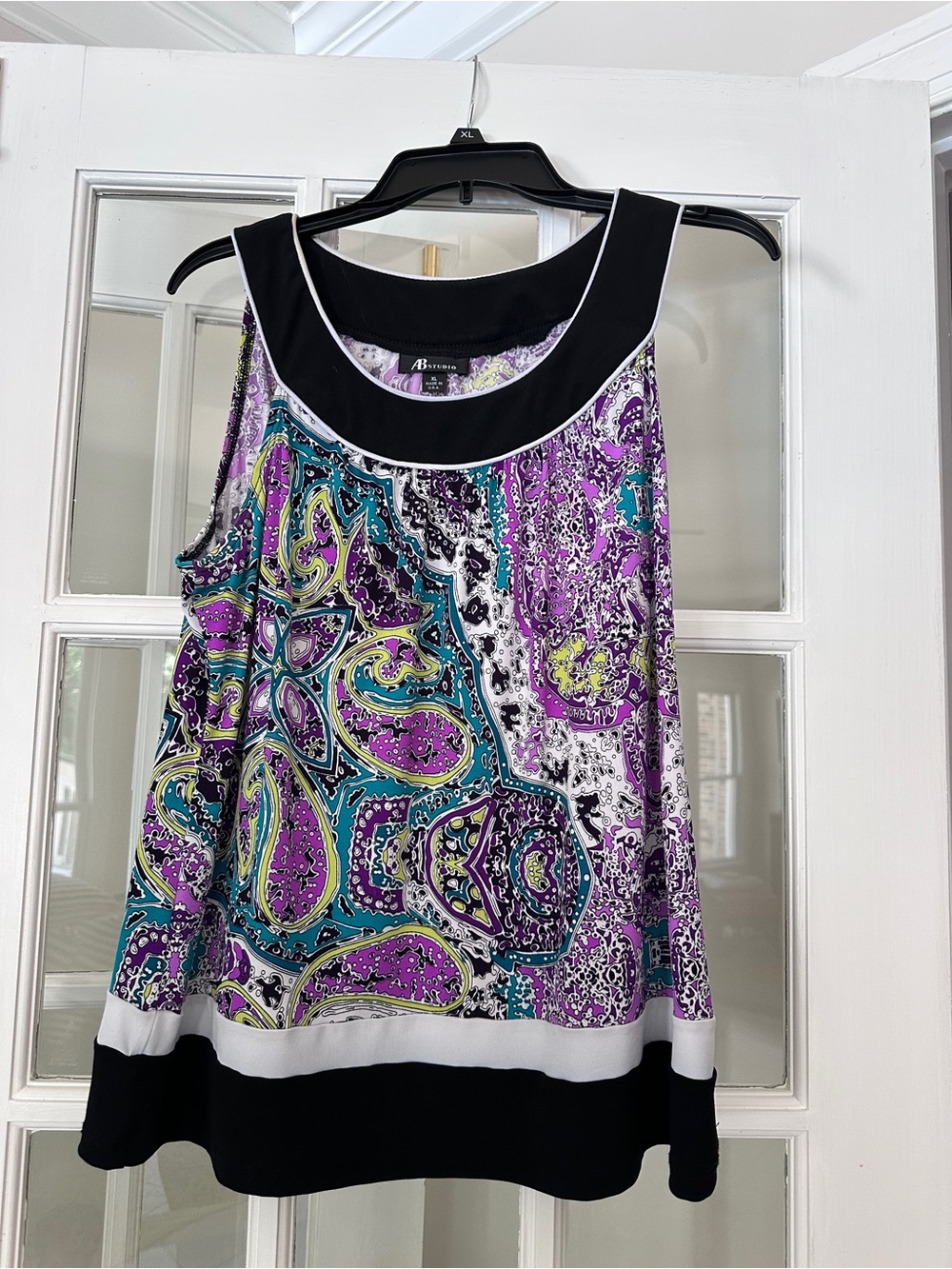 AB Studio Purple Paisley Sleeveless Tank with Black Trim
